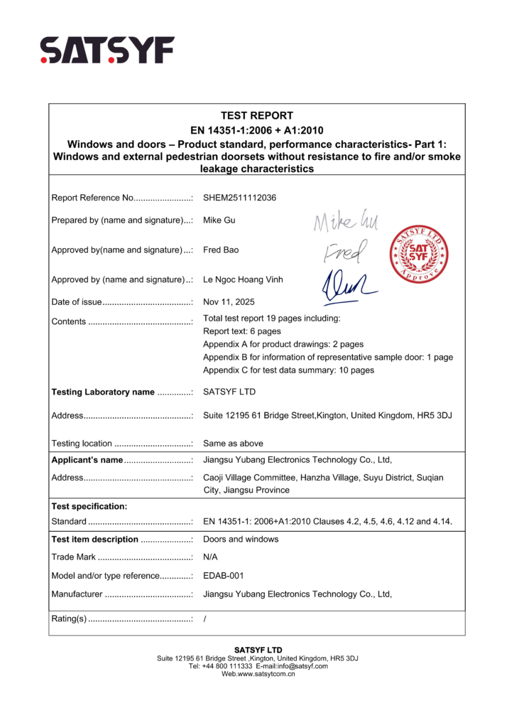 EN 14351-1 test report for EDAB-001 doors and windows by Jiangsu Yubang