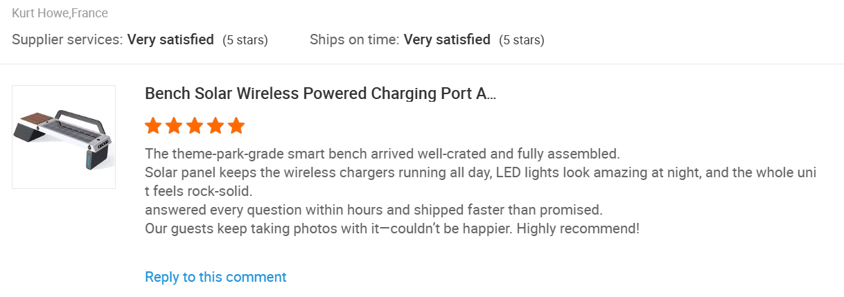 Five-star customer review for Yubang Outdoor solar smart bench product