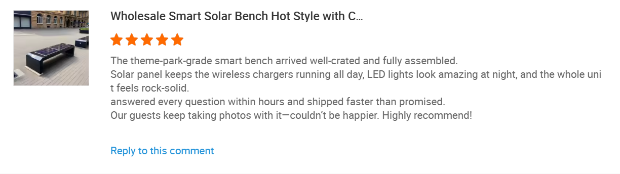 Customer feedback screenshot for Yubang Outdoor solar smart bench with wireless charging and LED lighting