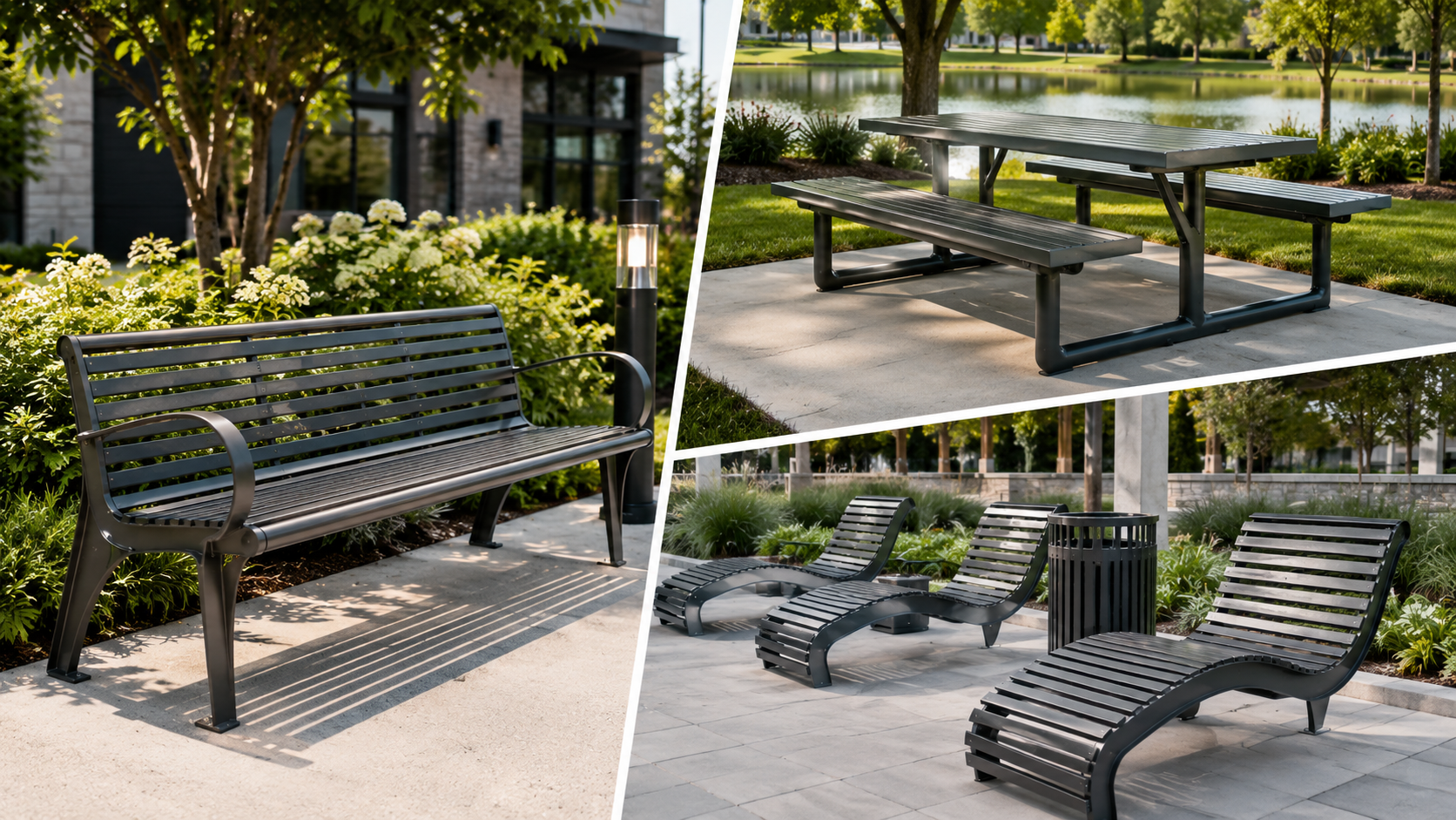 Outdoor benches, picnic tables and park seating products for parks, campuses and public leisure areas