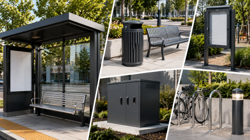 Urban public facility products including bus shelters, benches, utility units, bike racks and street furniture for municipal projects