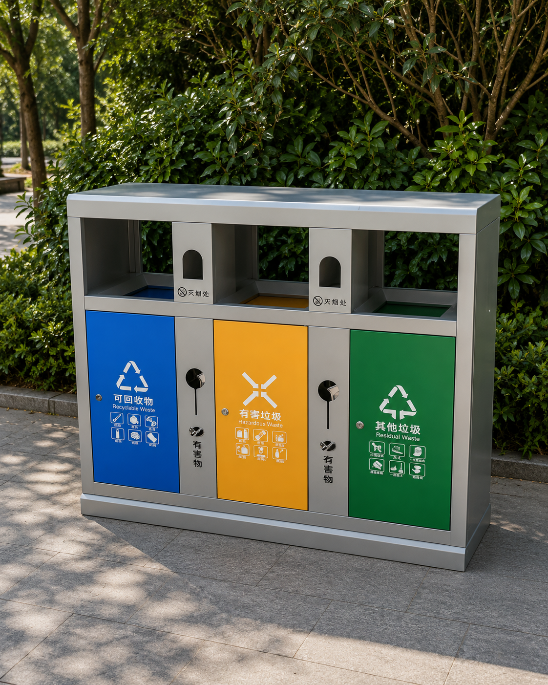Outdoor Four Compartment Recycling Bin product image for outdoor commercial and public space projects