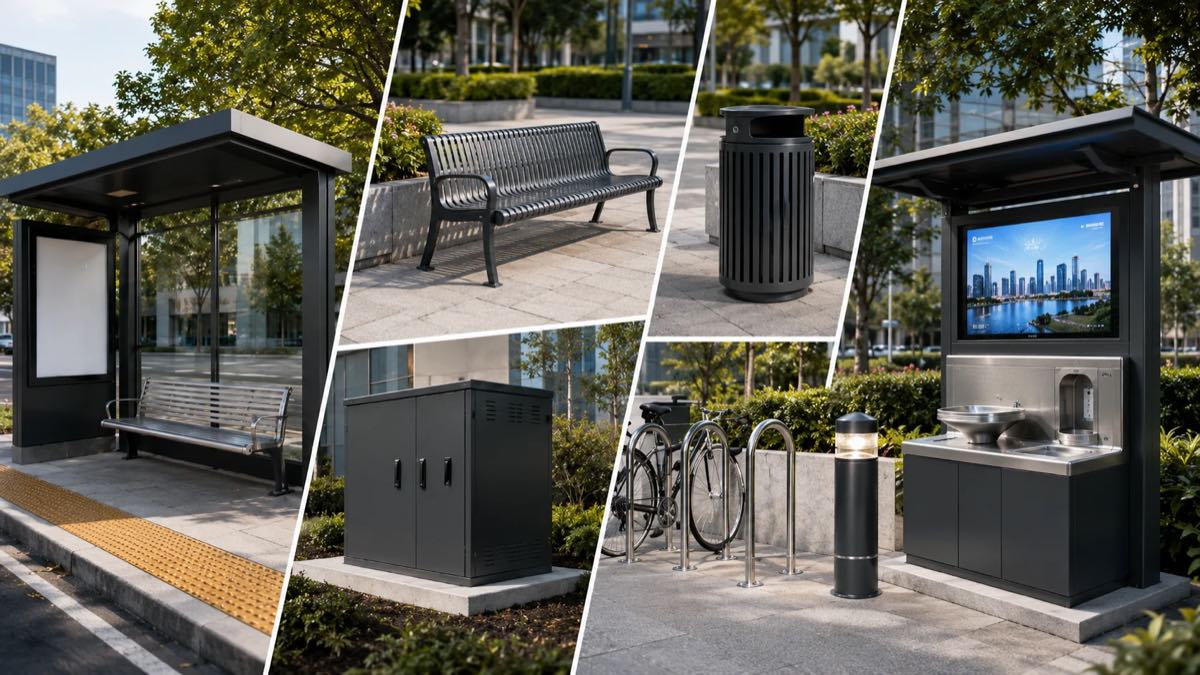 Urban public facility products including bus shelters, benches, utility units, bike racks and street furniture for municipal projects