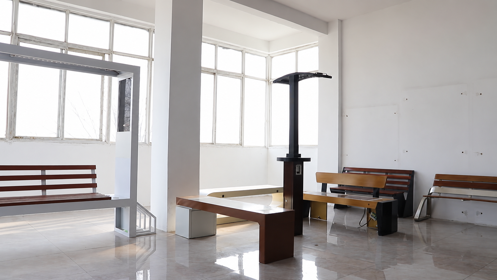 Smart outdoor benches and public facility samples displayed in Yubang Outdoor showroom.