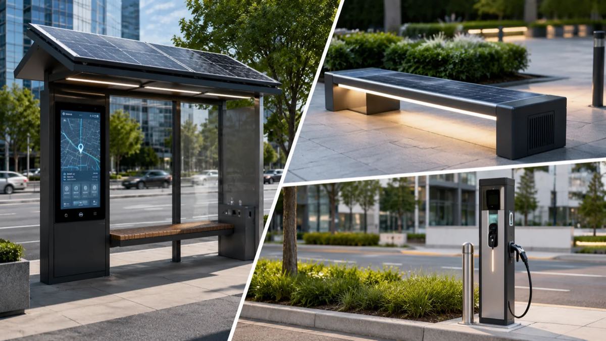 Solar smart bus shelter, solar bench and outdoor charging station for smart city and public space projects